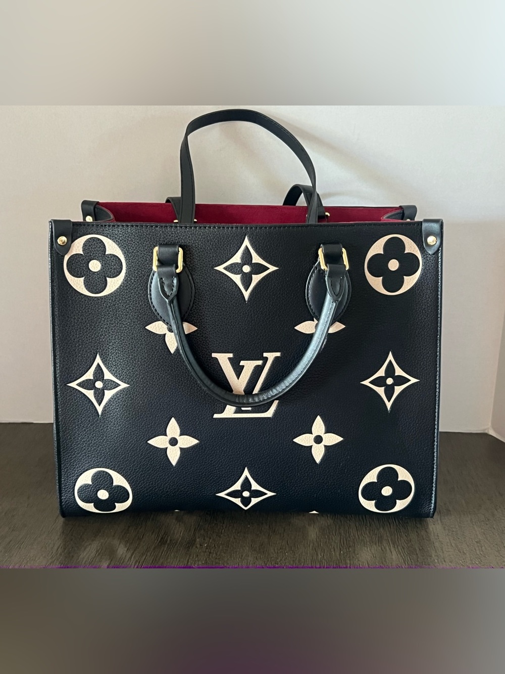 Louis Vuitton Black Tote with Cream Monogram and Red Interior. Medium 30cm bag.